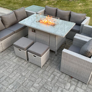 10-Seater Rattan Garden Furniture Set with Fire Pit – Dark Grey or Light Grey