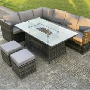 Glasgow 8 Seater Rattan Corner Sofa Set Gas Fire Pit Dining Table Set Heater With 2 Small Stools