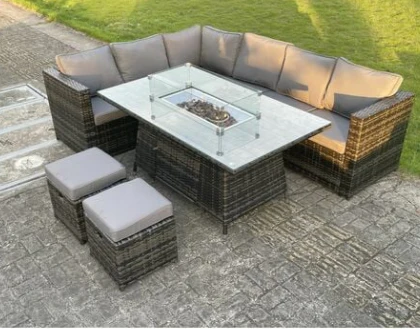 Glasgow 8 Seater Rattan Corner Sofa Set Gas Fire Pit Dining Table Set Heater With 2 Small Stools