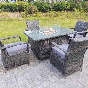Fimous Rattan Garden Furniture Sets Gas Fire Pit Dining Table And Chairs Sets 4 Seat Rectangular Table