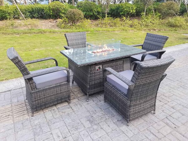 Fimous Rattan Garden Furniture Sets Gas Fire Pit Dining Table And Chairs Sets 4 Seat Rectangular Table
