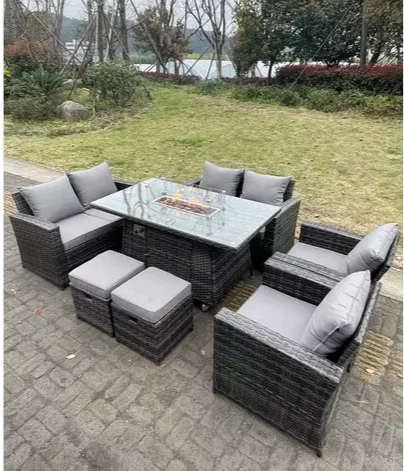 Midlands Rattan Outdoor Furniture Gas Fire Pit Rectangle Dining Table Gas Heater Chairs Sofa 8 Seater