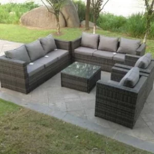 Nottingham 8 Seater Outdoor Rattan Garden Furniture Lounge Sofa Chair Table Set In Dark Grey