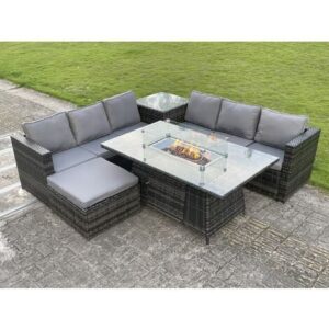 Wales Outdoor Pe Rattan Garden Corner Furniture Gas Fire Pit Table Sets Gas Heater Lounge Big
