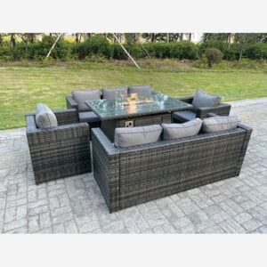 Yorkshire Outdoor Rattan Garden Furniture Set Gas Fire Pit Table Sets 8 Seater Polyrattan Sofa Gas Heater Lounge Chairs