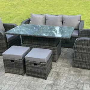 York Rattan Garden Set Lifting Adjustable Dining Or Coffee Table Recling Chairs Small Footstools 7 Seater