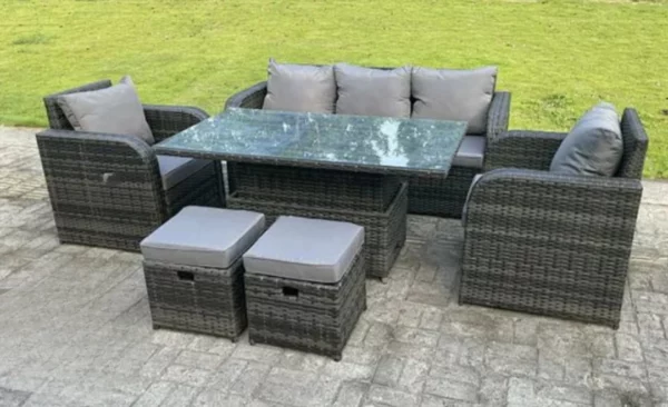 York Rattan Garden Set Lifting Adjustable Dining Or Coffee Table Recling Chairs Small Footstools 7 Seater